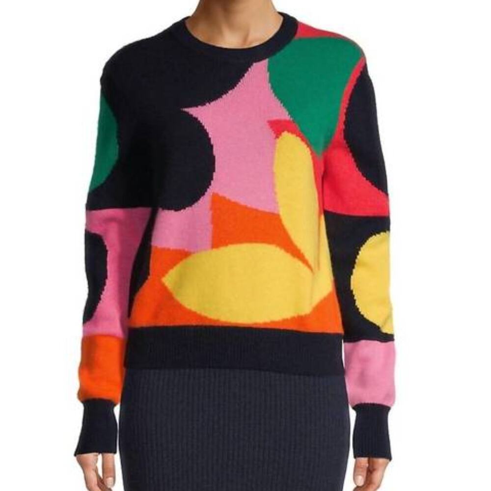 White + Warren Jackyblue NEW Cashmere Luxe Collage Crewneck Sweater Womens Large